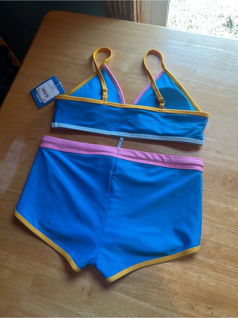 DSG Girls Blue Swim Bikini Set with Pink and Yellow Trim